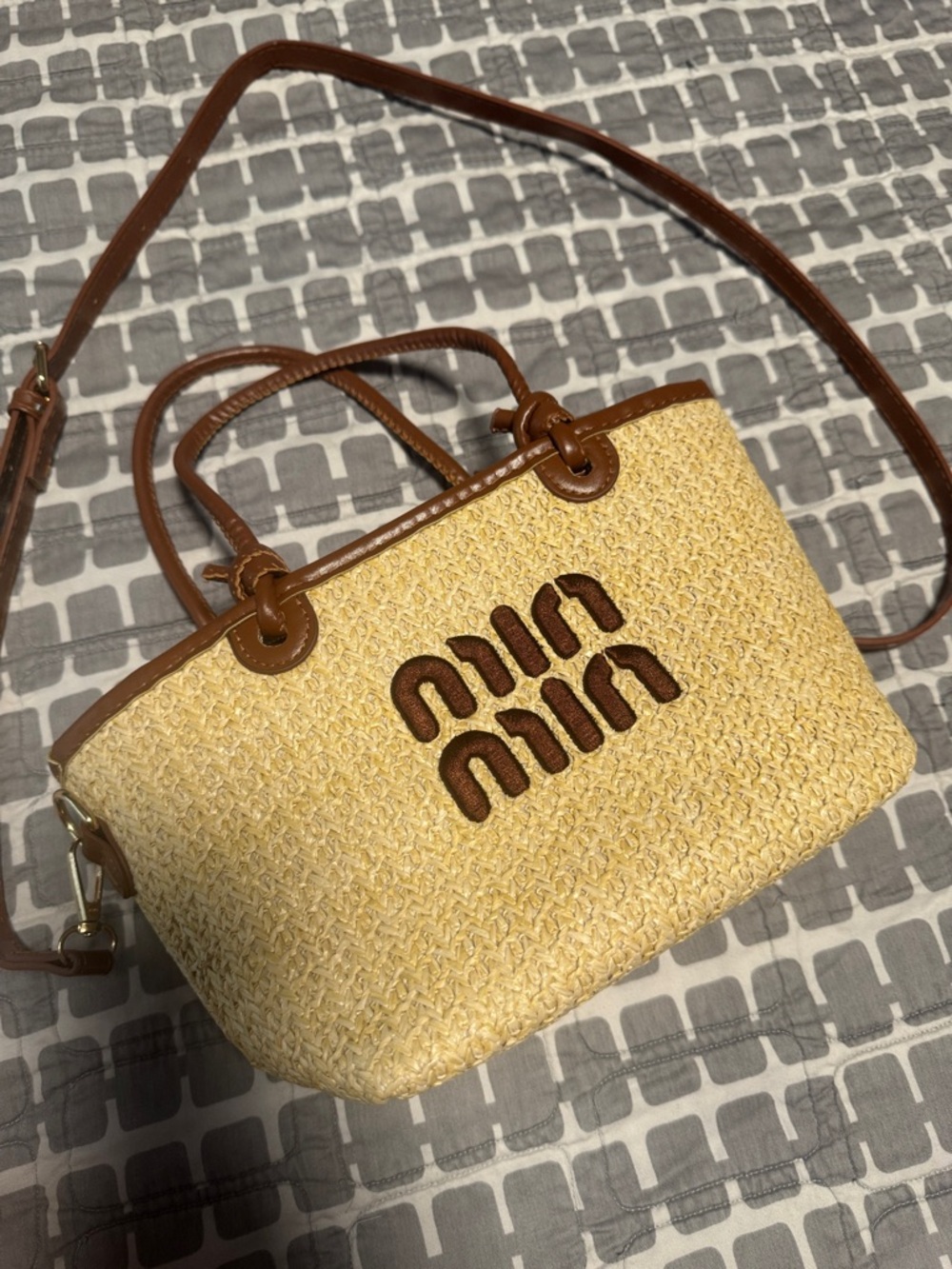 Straw Crossbody Bag with Brown Leather Trim